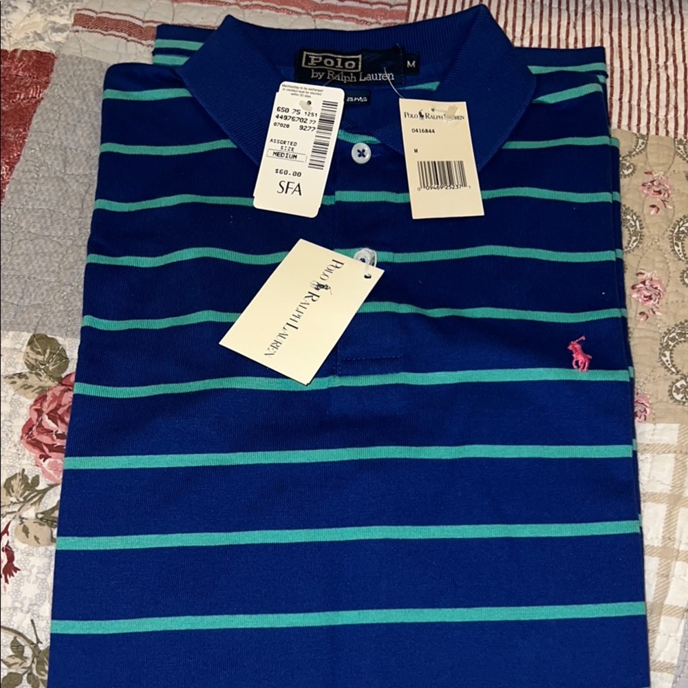 Deadstock NWT Vintage Polo by Ralph Lauren Blue and Green Striped Polo Shirt med